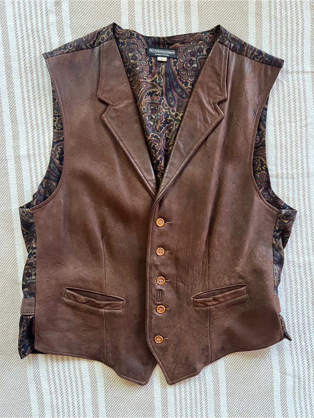 The J Peterman Company Brown Leather Men's Vest Large - paisley back western